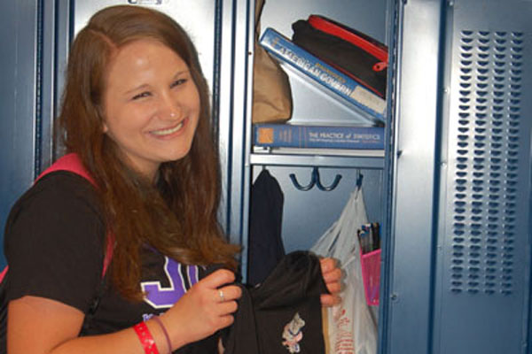 Mia Benker shows off her uninspiring locker.  Have we lost all of our funky locker fun from middle school?