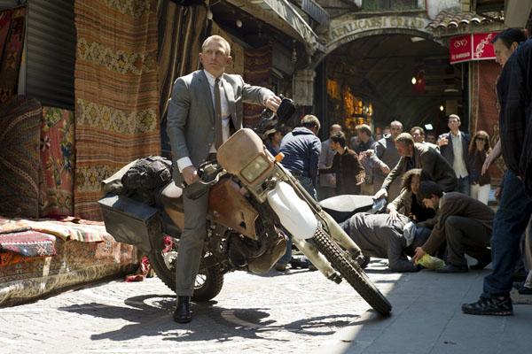 Daniel Craig in an early motorcycle chase to begin the film.