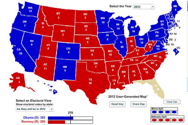 Florida is too close to call, but the rest of the map is in.  President Barack Obama has been re-elected with at least 303 electoral votes.