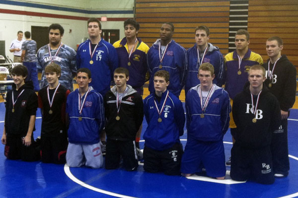 Seniors Danny Russell and Vinny Zaccagnini are shown here at the Glenbard South Invite. Both won 1st place in their weight classes, 145lbs and 152lbs respectively.