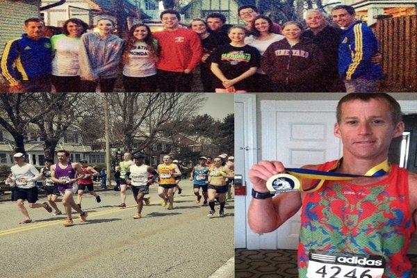 Top: (Left to Right) John, Laura, Gia (sister), Madeline, Henry, James, George, Annalisa (sister), Myself, Elaine, Audrey (sister), my Dad, and Steve Lutz.
Bottom Left Miscellaneous marathon runners.
Bottom Right John proudly showing off his marathon hardware. (He finished at 3:14)