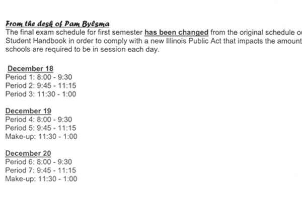 The adjusted schedule for the semester one finals. 