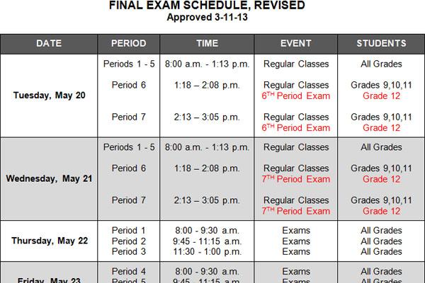 New schedule for final exams was announced at the meeting. The revisions were needed because of snow days in mid-January. 