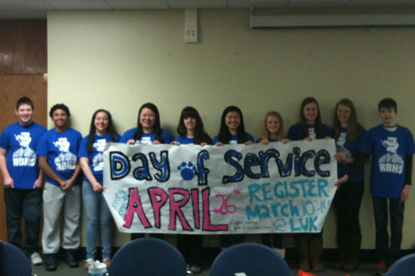 The Day of Service student committee lines up to promote their event.  The Day of Service originated in the year following RBs building referendum.