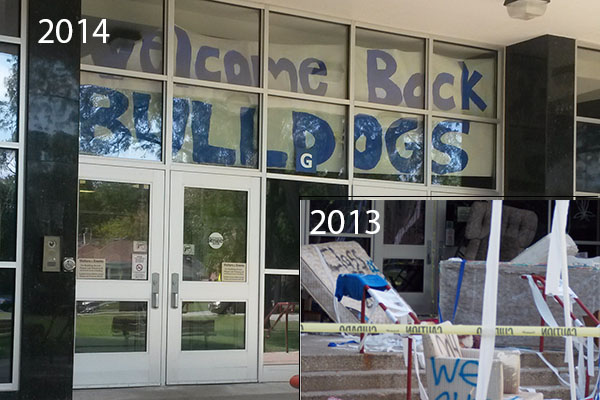 RBs old main entrance was looking much different from this time a year ago, when the school was defaced with littered furniture, pornographic images, profanity, and more.