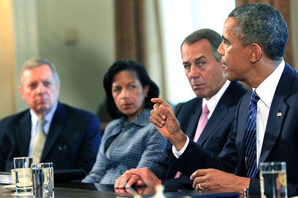 Illinois Senator Dick Durbin sits in the cabinet room of the White House.  Durbin is up for re-election on November 4 and is running against Republican Jim Oberweis.