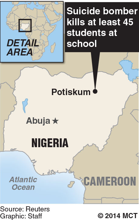 Locator map of Potiskum, Nigeria where suicide bomber kills 45 students. MCT 2014