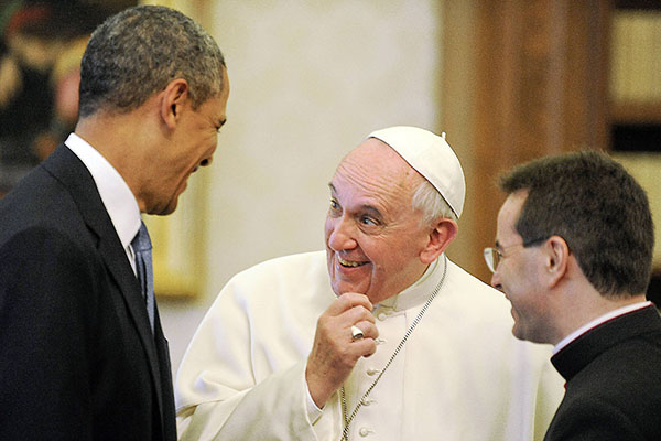 U.S. President Barack Obama meets with Pope Francis during a private audience at the Vatican on March 27, 2014. Obama met with Pope Francis for the first time on the third leg of a European tour. (Imago via Zuma Press/MCT)