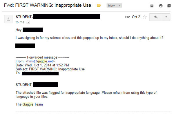 Students who shared Google files with inappropriate language in them received e-mails like these starting this year.  The messages come from Gaggle, a new filtering and monitoring software now in use at RB.  The messages are an attempt to stop cyber bullying.