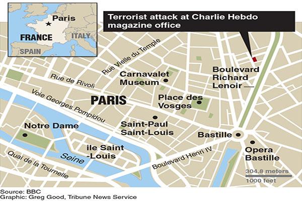Locator map of Charlie Hebdo magazine where gunmen went on rampage.