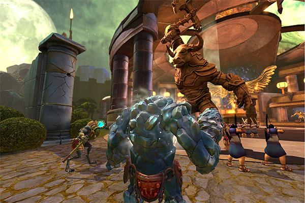 Player character Anubis (bottom center) takes on Boss Ymir in the multiplayer  MOBA Smite.  MOBAs - multiplayer online battle arenas - are a new force on the gaming landscape.  Read Clarions review to find out some of the best ones to play.