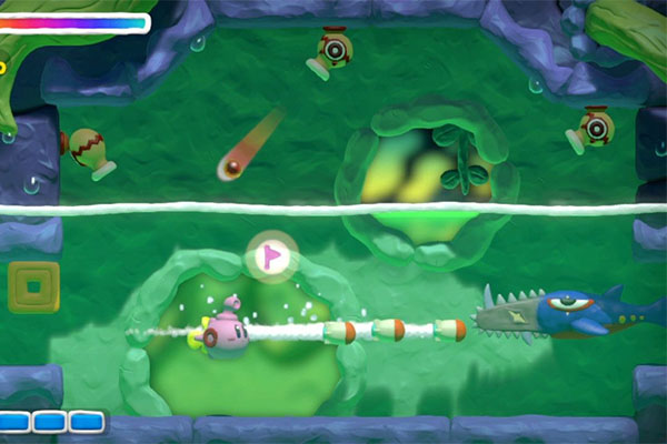 Kirby in his submarine form faces down with a trio of Cannon Cottas and a Sawgill.