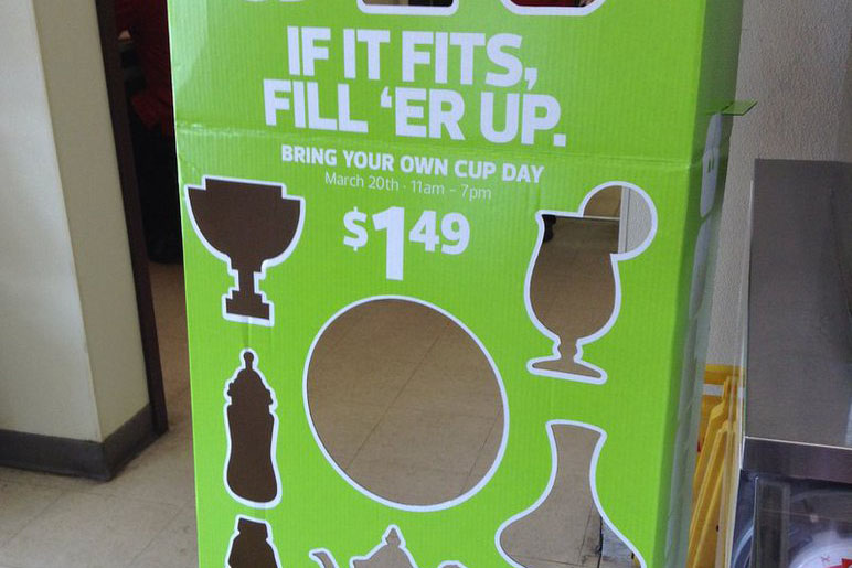 A sign displaying the rules of Bring Your Own Cup Day.