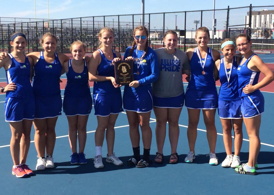 RBHS Girls Varsity Tennis team posing with their first place trophy