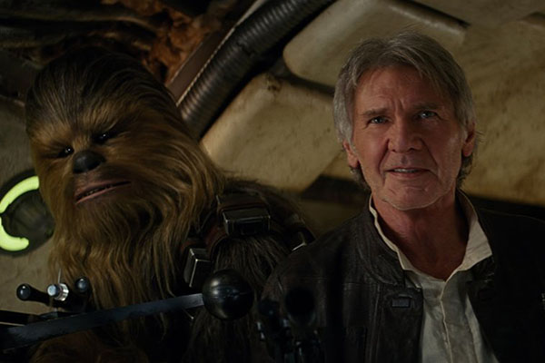 Peter Mayhew and Harrison Ford in Star Wars: The Force Awakens. Photo courtesy MCT Campus.