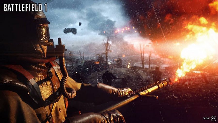 A soldier from Battlefield 1 using a flamethrower in game
