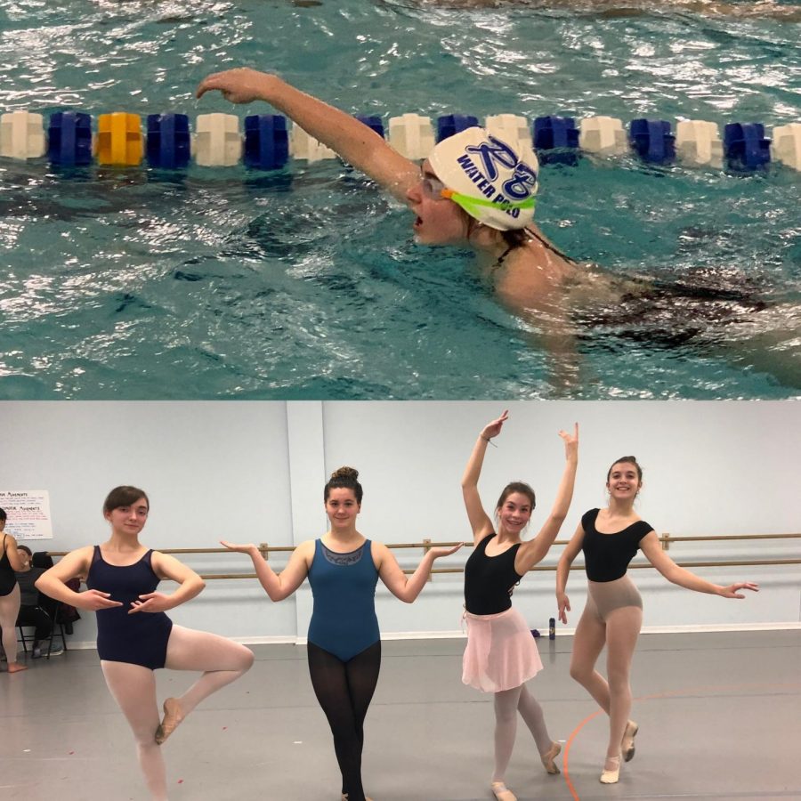 (Top) Bella Brick shows off her poor swimming technique during practice. (Bottom) Sarah Strubbe is extremely confused by ballet terminology. Photos by Mike Laurich and Bella Brick.