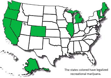 The states colored will have legalized recreational and medical cannabis by January 1, 2020. 