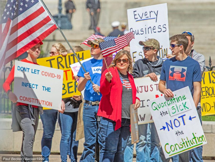 Picture taken at a rally in Ohio where people gathered to protest the coronavirus and social distancing regulations. 