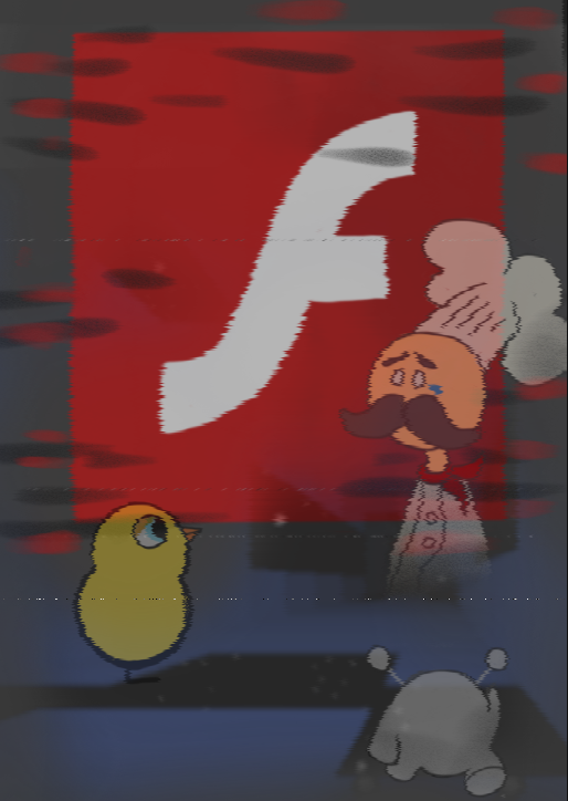 Two popular flash game characters next to the Adobe Flash logo.