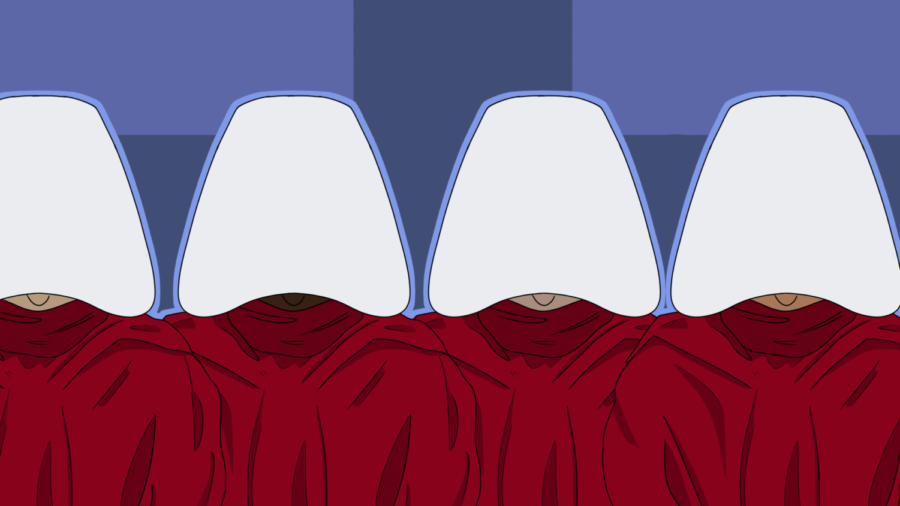 Handmaids+stand+with+their+heads+lowered.+Illustration+by+William+Kraft.