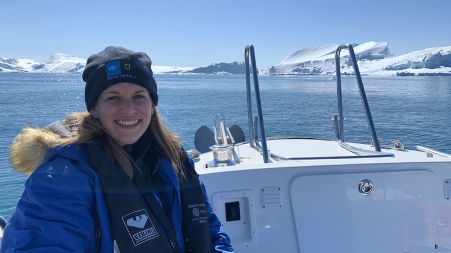 Jessica Mauritzen, spanish teacher at RB, poses for photo on boat in Greenland. Photo courtesy of Jessica Mauritzen.