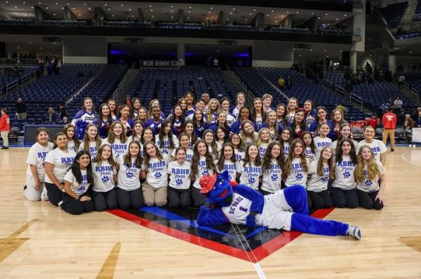 RB poms team poses with DePaul mascot and dance team. Photo courtesy of Annabella Cornolo.